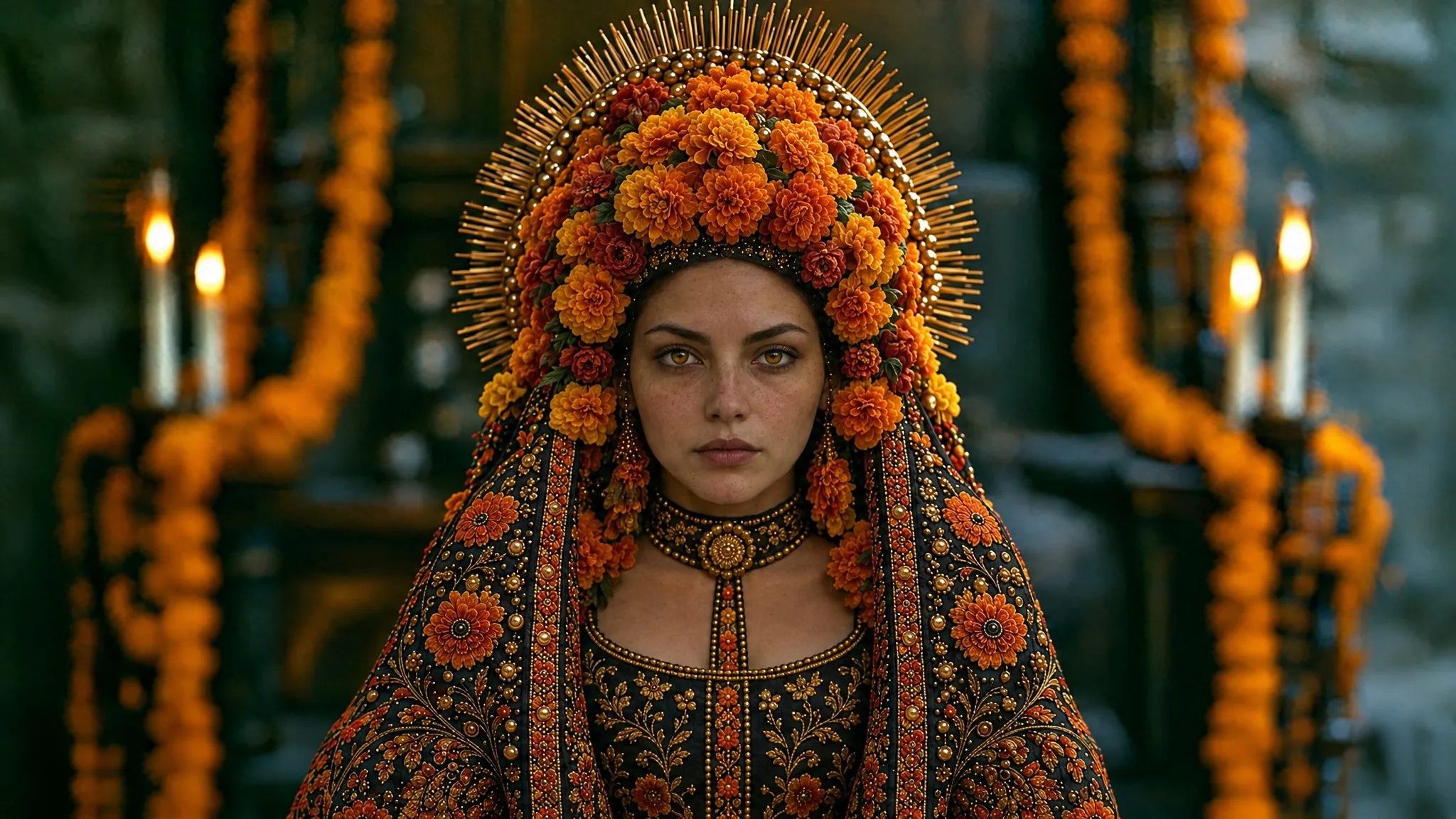 The same woman, living, her face bare under the marigold crown.