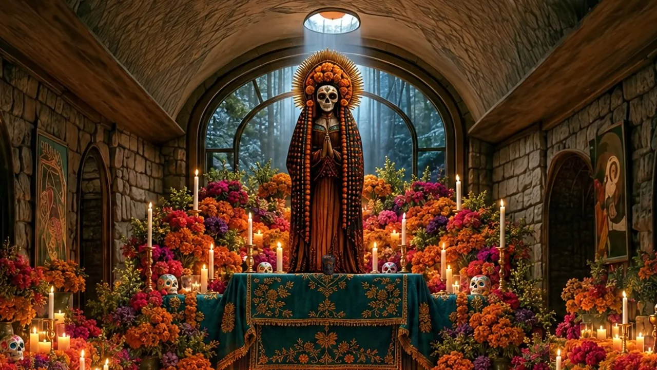 Close on Mina's altar, the calavera statue above La Sahumadora burning copal on the table.