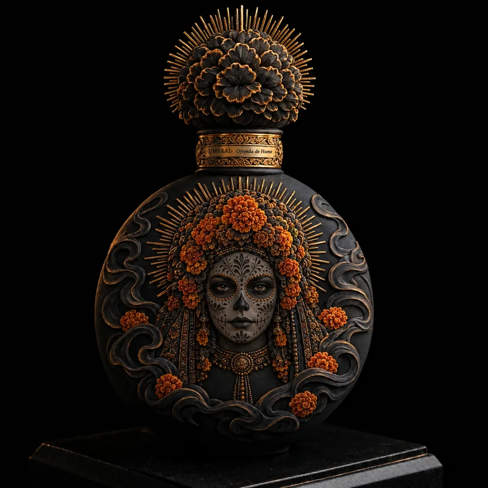 The Ofrenda de Humo bottle in black clay, her calavera face in relief under a marigold stopper with golden rays.
