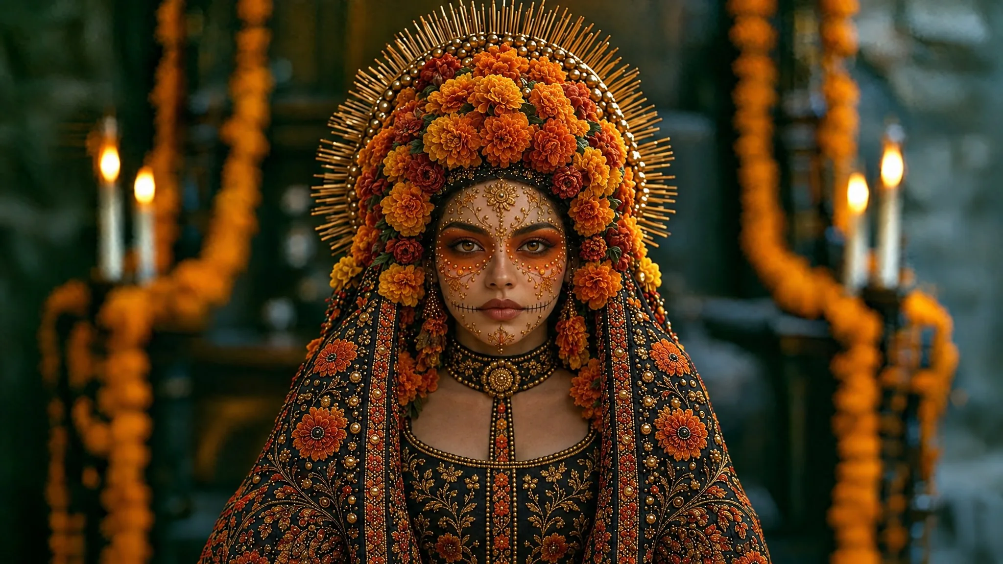 The same woman, the skull paint turned to a golden ritual pattern.