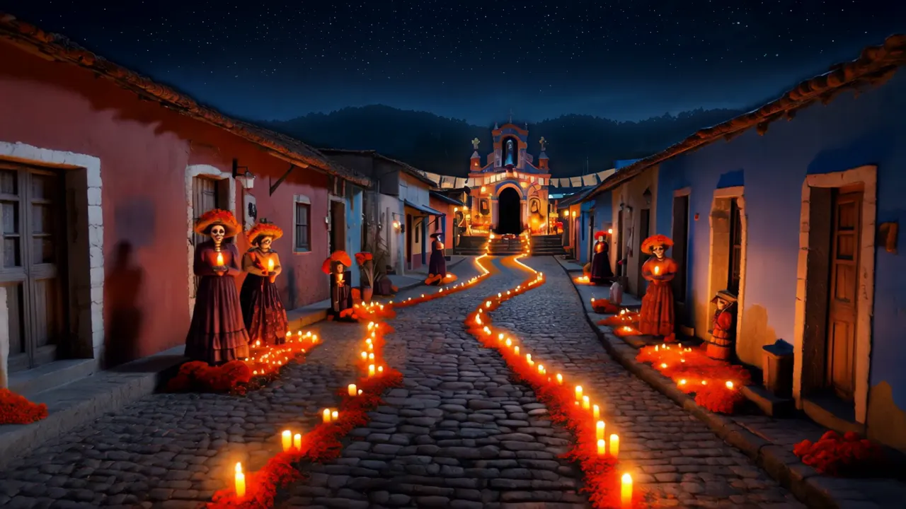 The candle street at night, the painted church at the top of the stair.